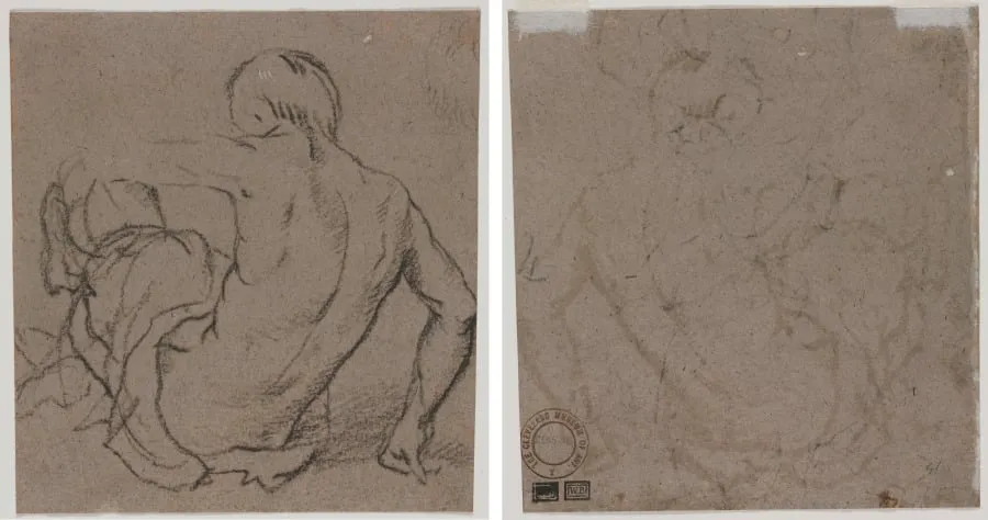 Man Seated on the Ground, Seen from Behind (recto); Sketch (verso), by Unknown, 1504