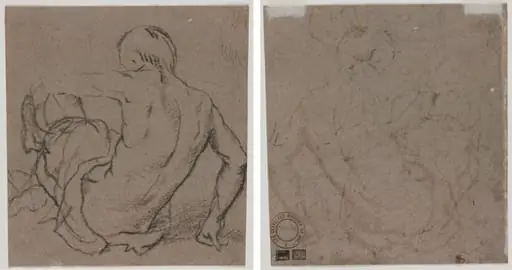 Man Seated on the Ground, Seen from Behind (recto); Sketch (verso), by Unknown