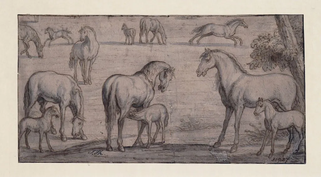 Mares and Foals, by Unknown, watercolor, 1850