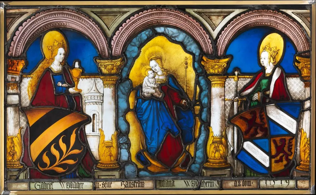 Marriage Panel of Gabriel Weydacher and his wife Juliana Wemis with the Virgin and Child and Saints Barbara and Catherine, by Unknown, 1519