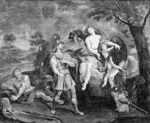 Mars synes at forsikre den i skyer siddende Venus om sin kærlighed. Imidlertid leger amoriner med hans våben, by Unknown