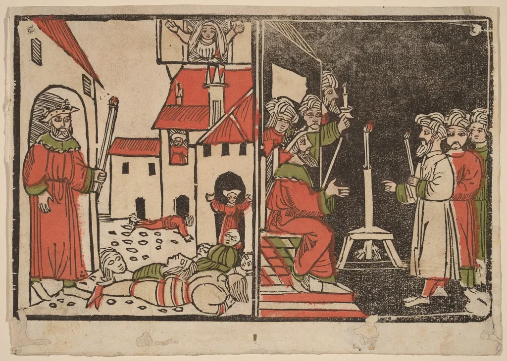 Massacre of the Firstborn and Egyptian Darkness, by Unknown, ink, 1490