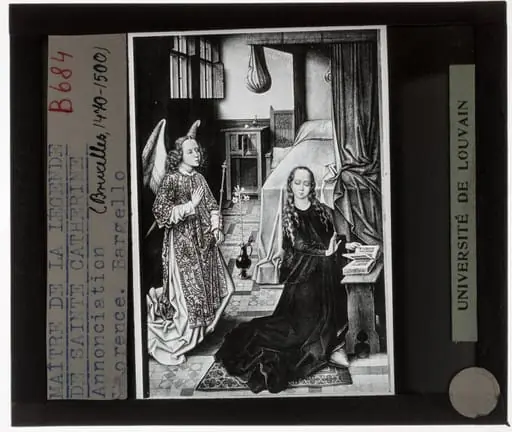 Master of the Legend of Saint Catherine. Triptych Central panel, detail: Annunciation, by Unknown