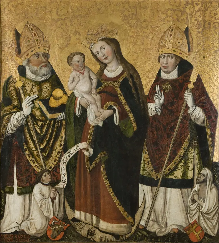 Matka Boska z Dzieciątkiem i świętymi biskupami - Mikołajem i Stanisławem. Korpus retabulum ołtarza głównego w Bejscach, by Unknown