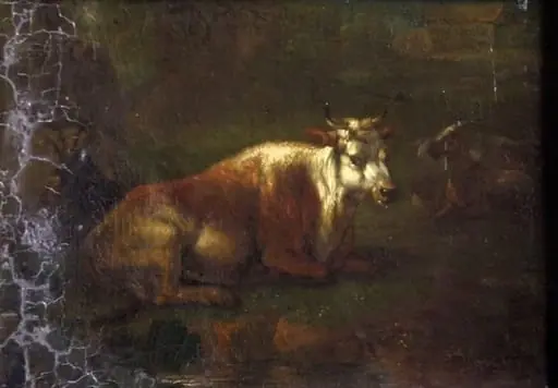Mică turmă în peisaj păduros ; pandant: Peisaj cu vite, by Unknown