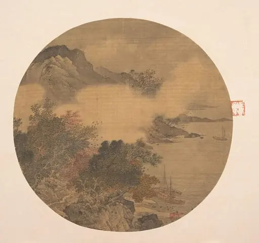 明   佚名   風雨艤舟圖   團扇|Misty Landscape, by Unknown, 1499