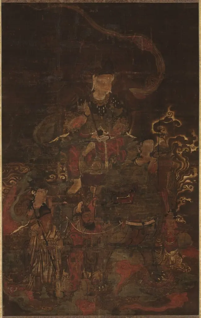 Monju Riding Lion with Attendants, by Unknown