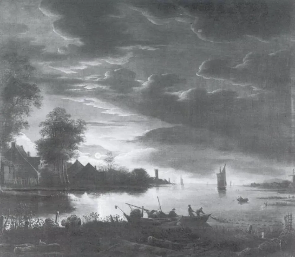 Moonlight Landscape with Seine-fishing, by Unknown, oil, 1672