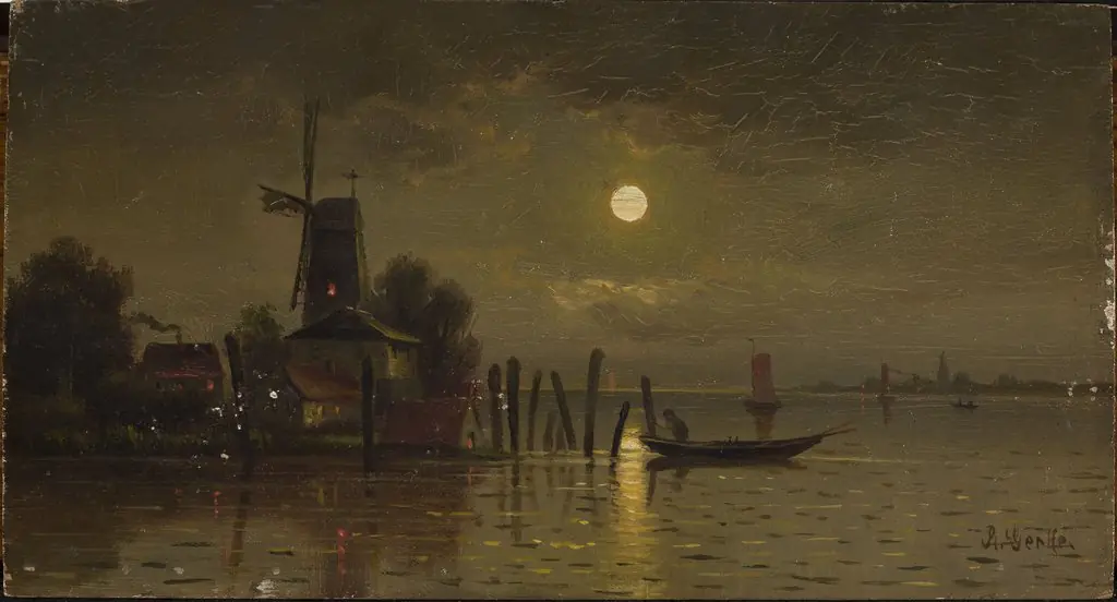 Moonlit night at the lake, by Unknown