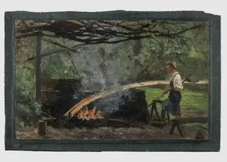 Moritz, Marie Elisabeth: Workers bending wooden planks for Spreewaldkähne, by Unknown, 1850