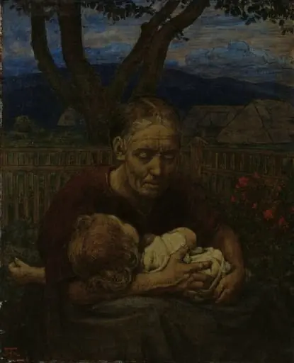 Mother and Child in a garden, by Unknown