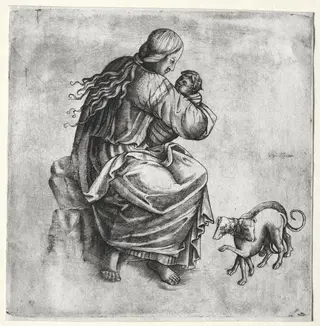 Mother and Child with Two Dogs, by Unknown, 1404