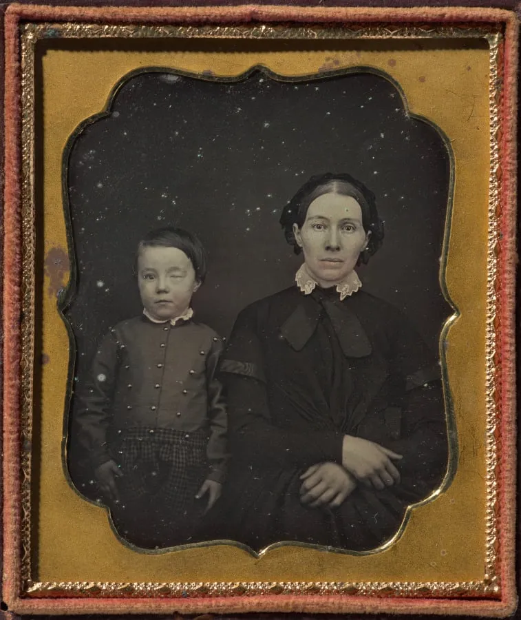 Mother with son with blind right eye, by Unknown, 1855