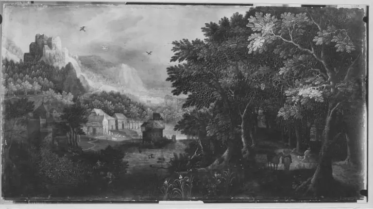 Mountain landscape with forest road, by Unknown