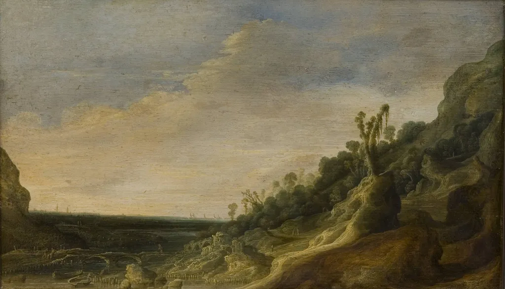 Mountain Scenery with a View of a River and the Sea, by Unknown, 1684