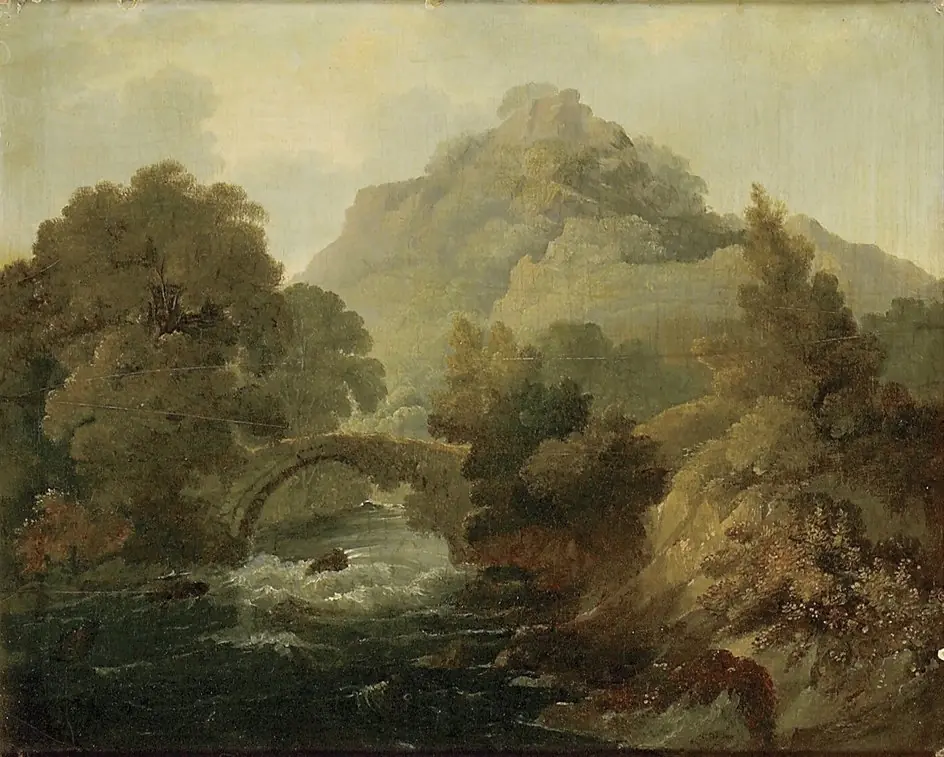 Mountain Torrent and Bridge, by Unknown