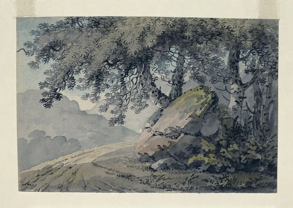 Mountain track with rock and trees, by Unknown, watercolor, 1750