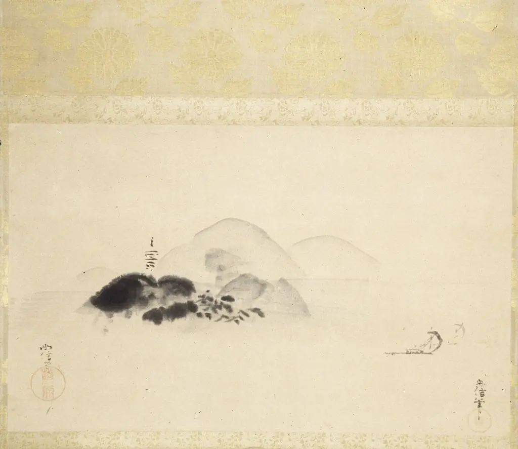 Mountains with Pagoda and Two Sailboats, by Unknown