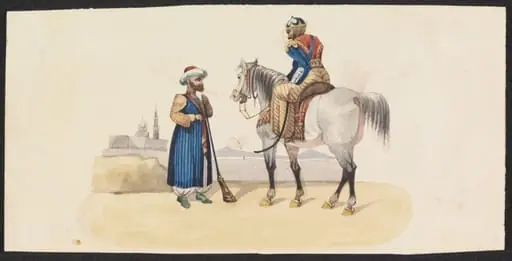 Mounted crusader [?] holding discussion with standing man, by Unknown