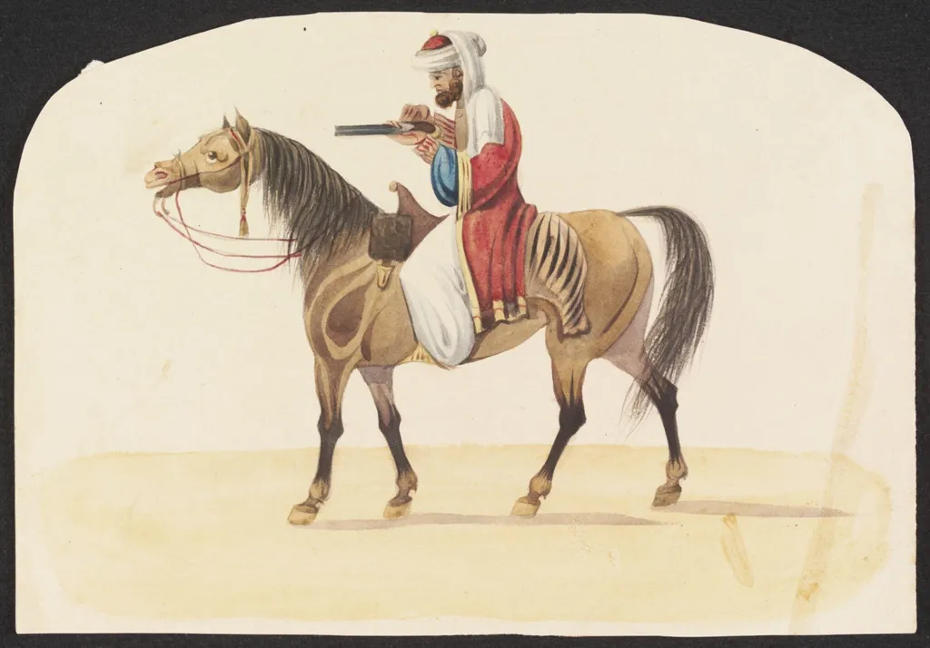 Mounted horseman loading gun, by Unknown, watercolor, 1835