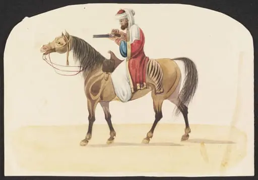 Mounted horseman loading gun, by Unknown