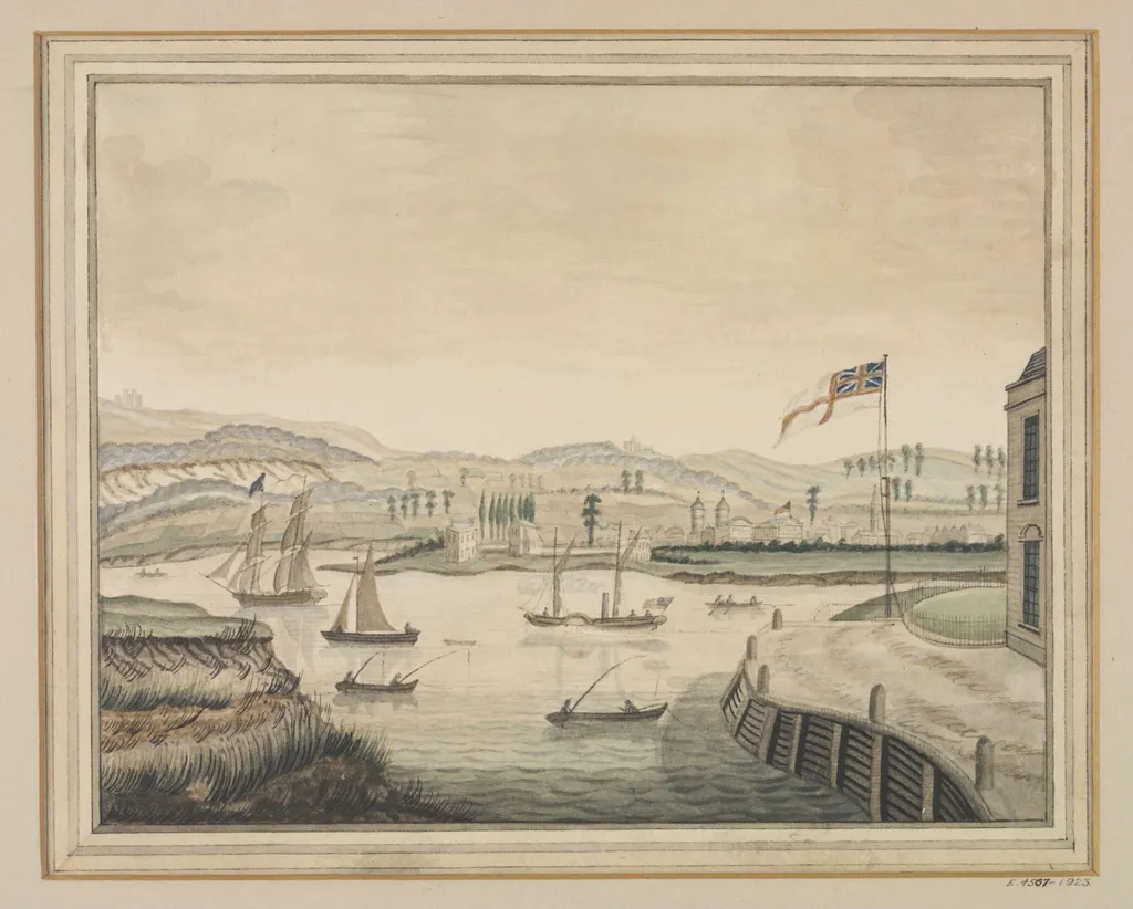 Mouth of the River Lea facing Greenwich, by Unknown, watercolor, 1815
