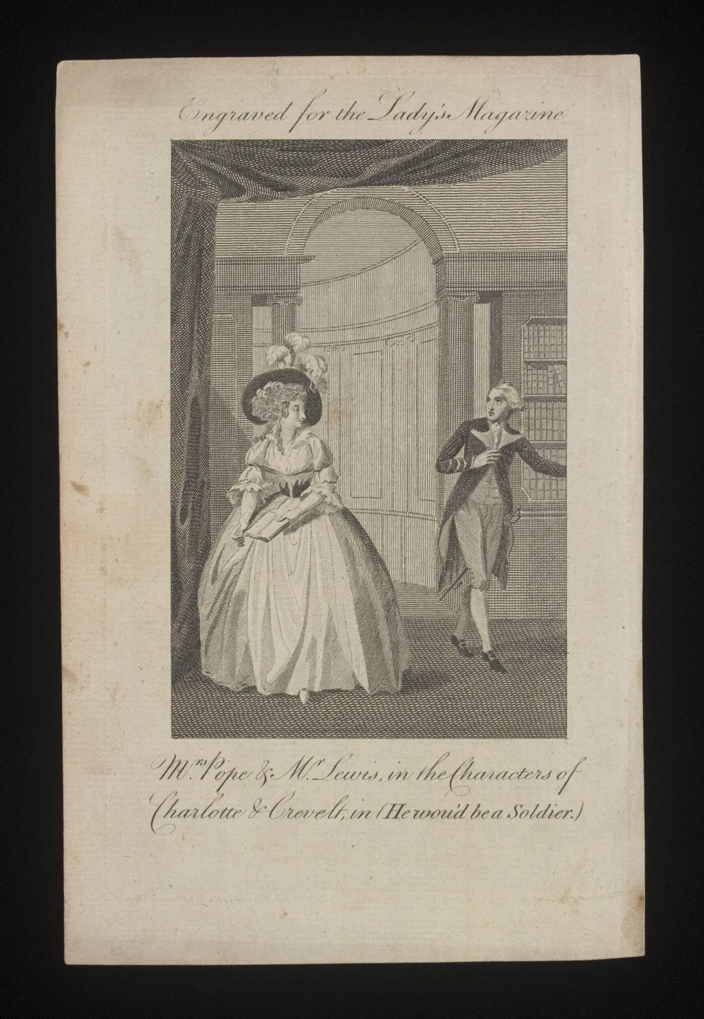 Mrs Pope & Mr Lewis in the character of Charlotte & Crevel in (He wou'd be a Soldier), by Unknown, 1786