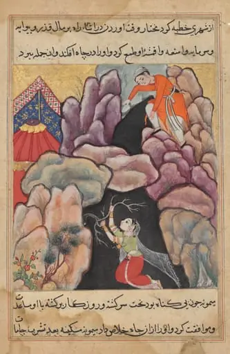 Mukhtar throws his wife Maimuna into the pit, but she saves herself, from a Tuti-nama (Tales of a Parrot): Twenty-fifth Night, by Unknown
