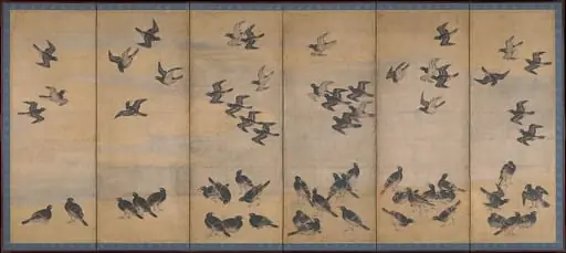 叭々鳥図屏風|Mynah Birds, by Unknown, 1617