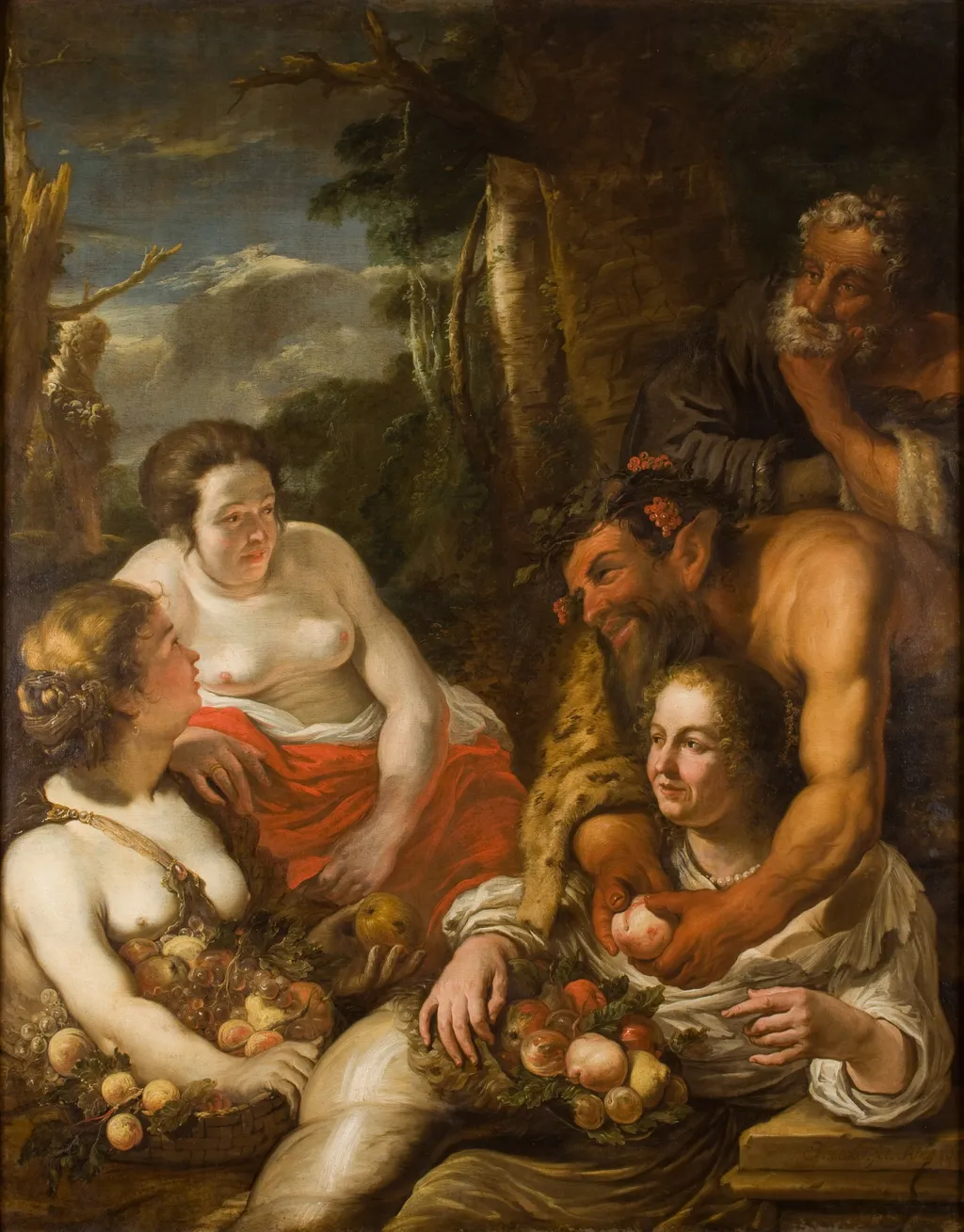 Mythological Scene – Filling the Horn of Plenty?, by Unknown, oil, 1659