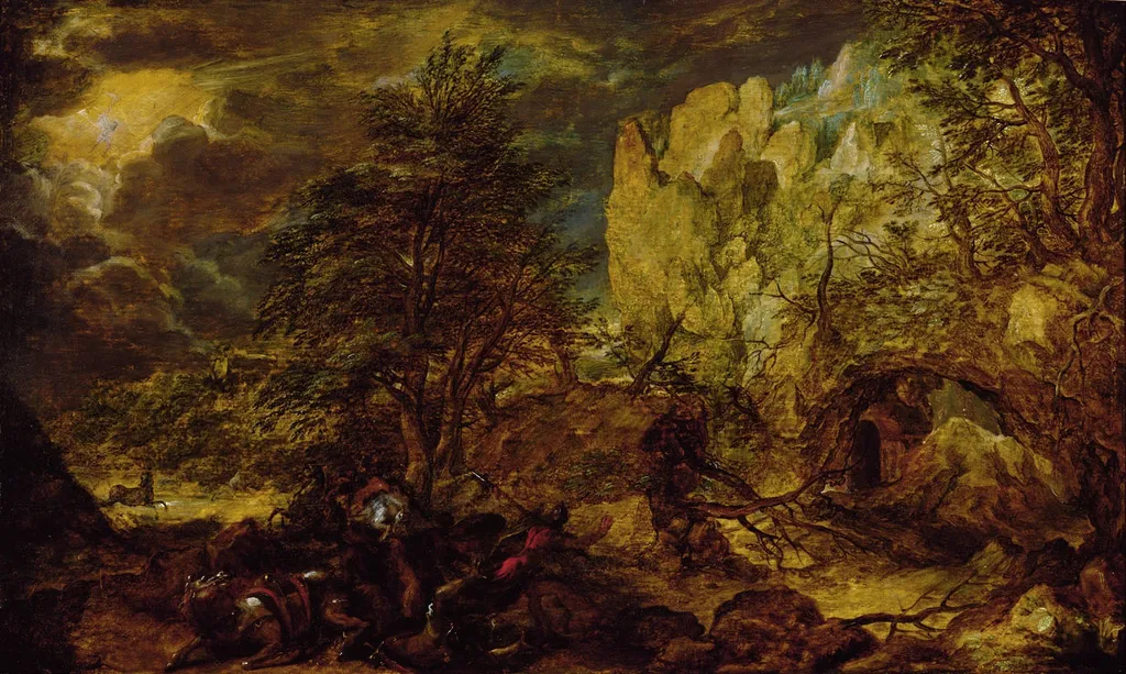 Nächtliche Landschaft, by Unknown, oil, 1605