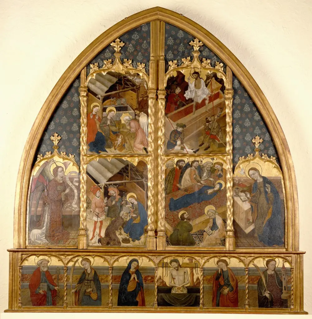 Nativity, Annunciatory Angel, Adoration of the Magi, Resurrection, Death of the Virgin, The Annunciate, Saints Peter and Lucy, Virgin Mary, Resurrected Christ, Saints John and Barbara, by Unknown