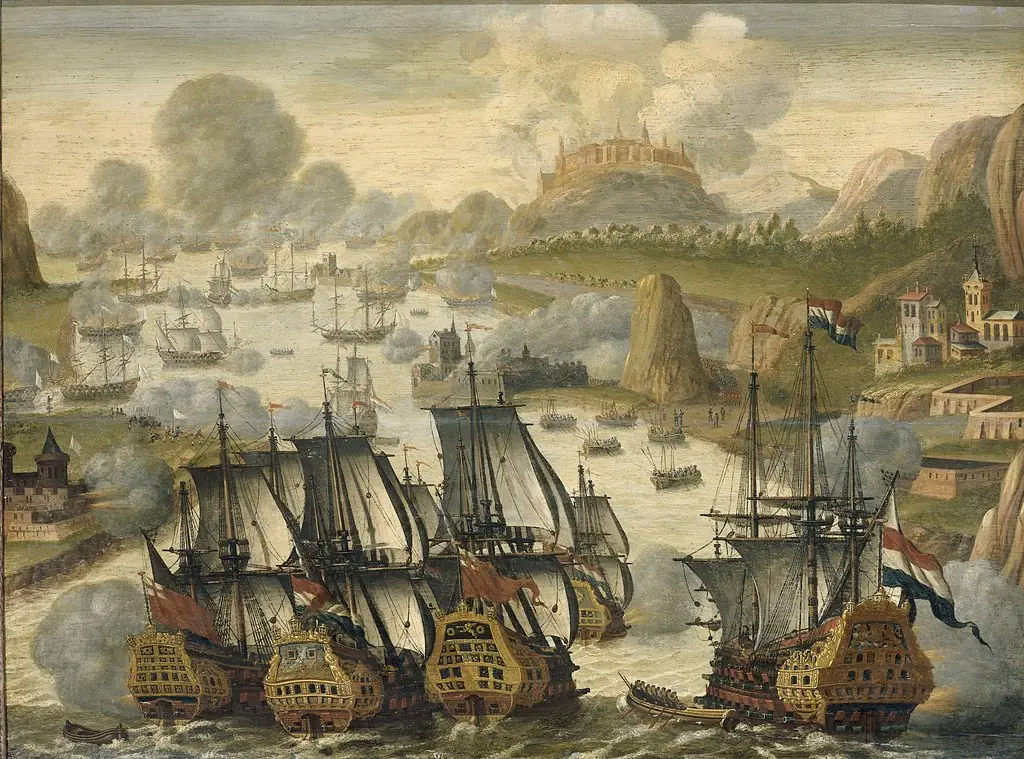Naval Battle of Vigo Bay, 23 October 1702. Episode from the War of the Spanish Succession, by Unknown, 1705