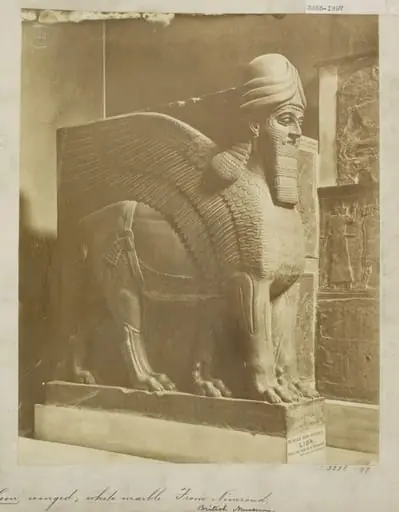 Neo-Assyrian colossal statue of a winged lion in white marble from the North-West palace of Ashurnasirpal II, Nimrud (ancient Kalhu), northern Iraq.  London: British Museum, by Unknown