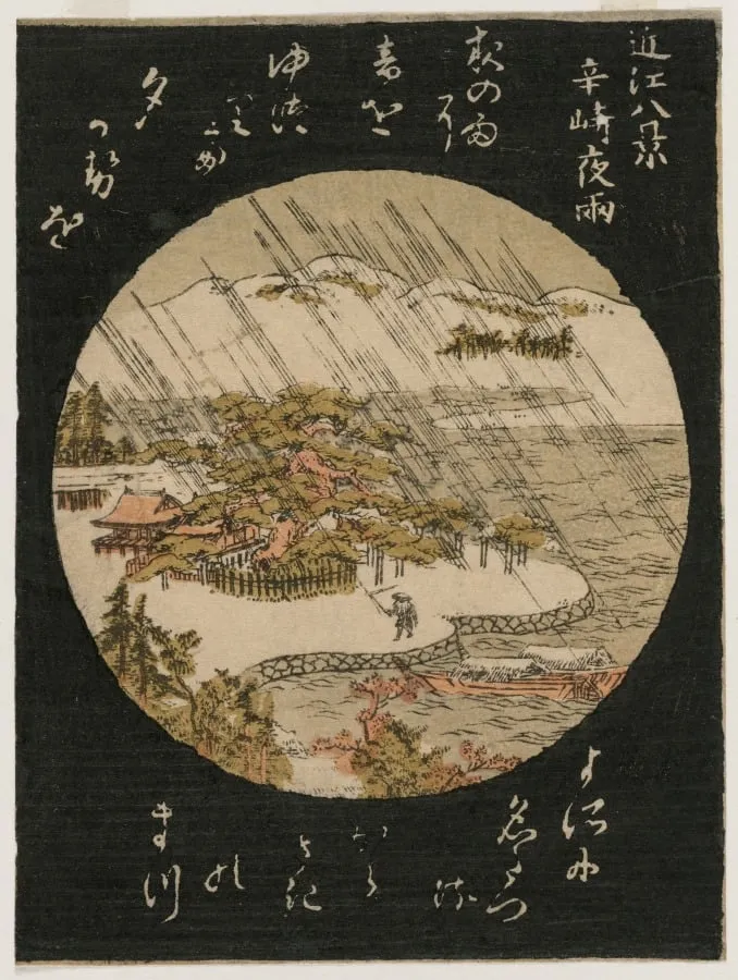 Night Rain on the Karasaki Pine from the series Eight Views of Ōmi, by Unknown, 1774