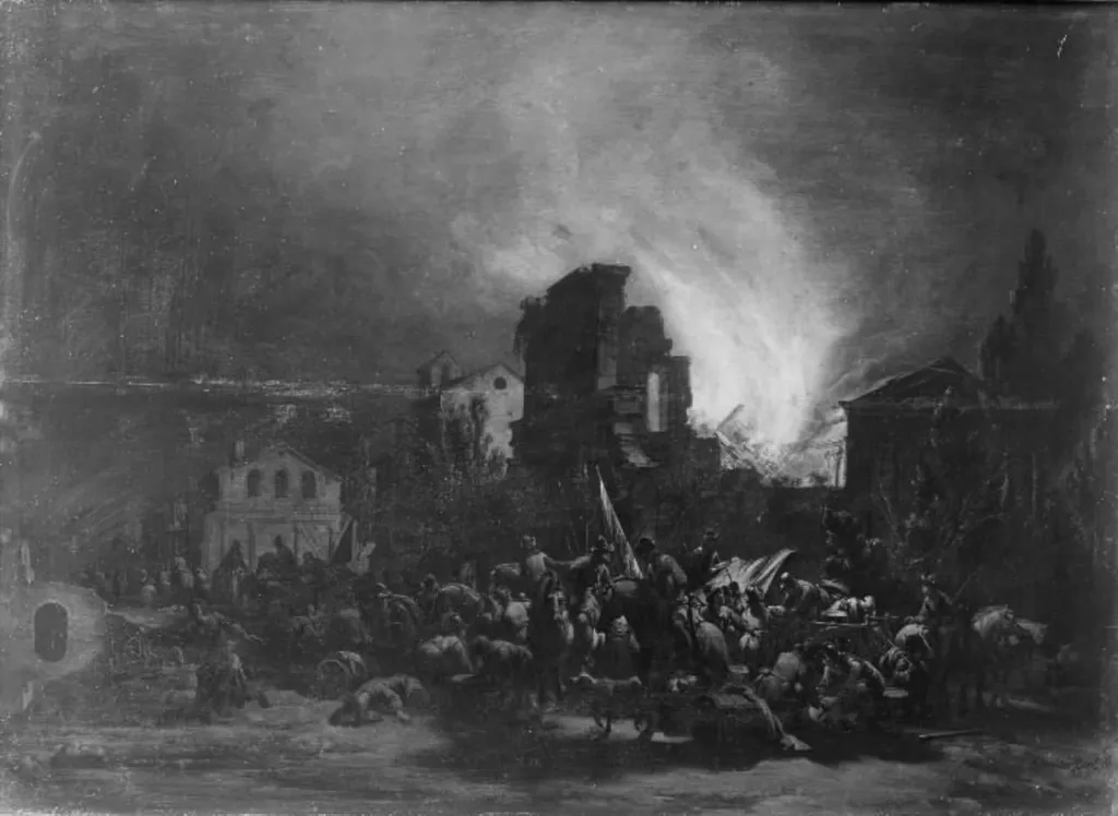 Nocturnal Fire and Looting in a Town, by Unknown, 1661