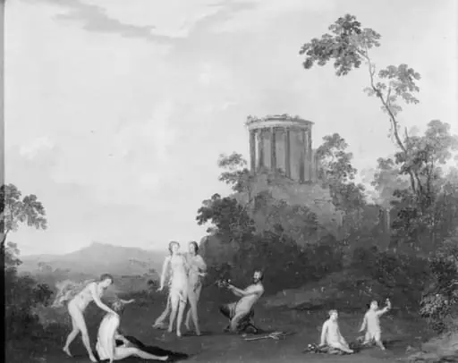 Nymphs and Satyr in front of a Temple, by Unknown