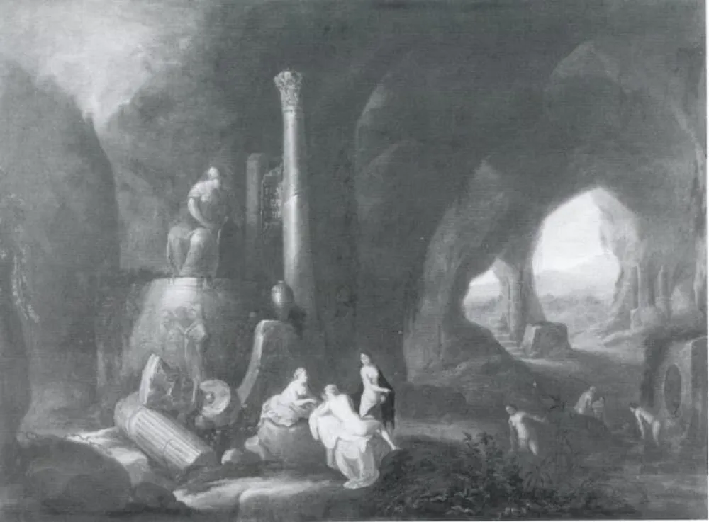 Nymphs in a Cave with Antique Ruins, by Unknown, oil, 1689