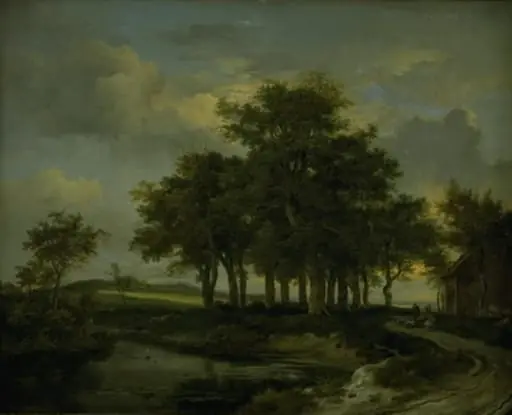 Oak Trees near a Road, Evening, by Unknown