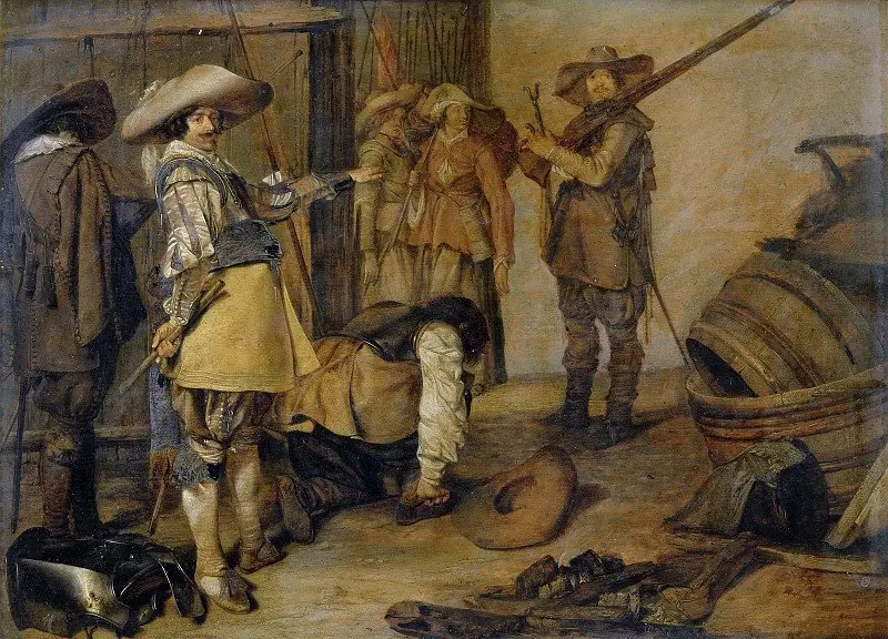 Officer and soldiers preparing to leave, by Unknown
