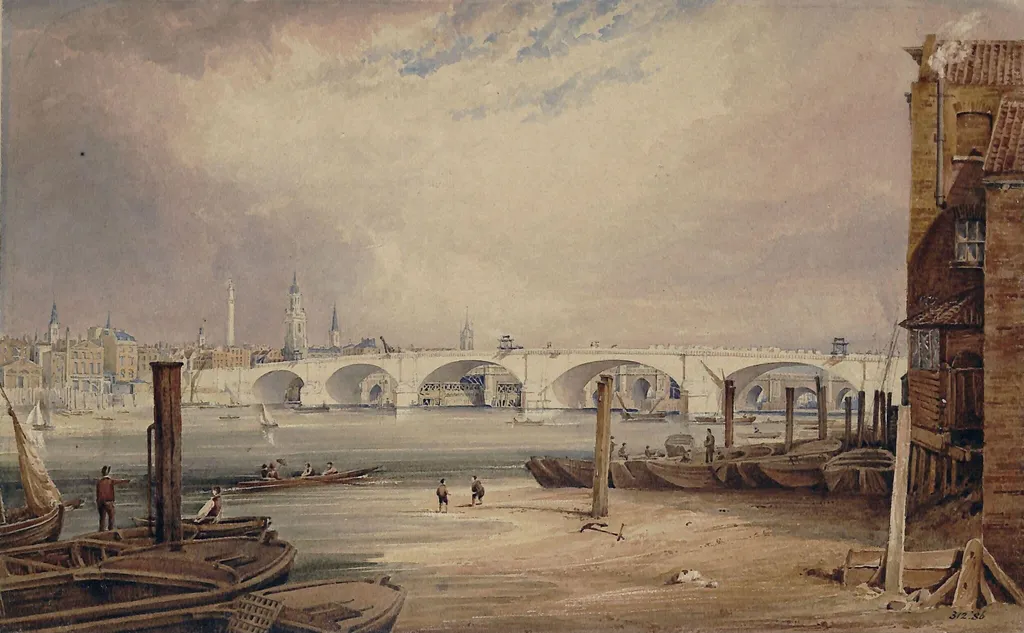 Old and New London Bridge, from the Surrey shore, by Unknown, watercolor, 1831