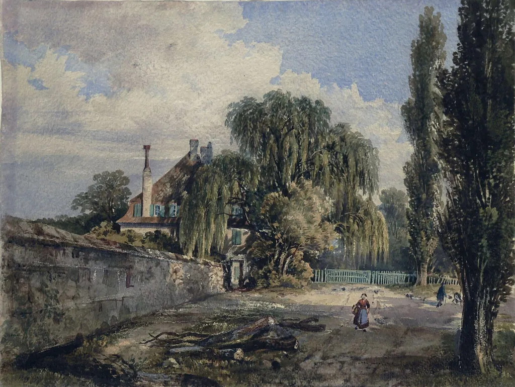 Old country house with trees, by Unknown, watercolor, 1850