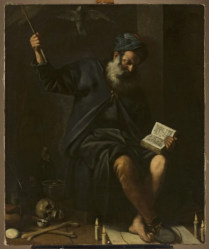 Old man in a truban casting charms, by Unknown, oil, 1650