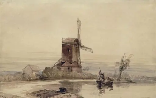Old windmill by the side of a river, in the foreground a man in a boat, by Unknown