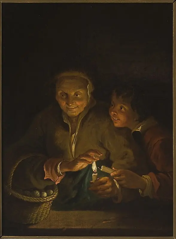 Old woman and a boy with a candle, by Unknown