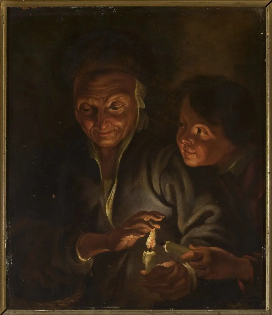 Old woman and a boy with a candle, by Unknown