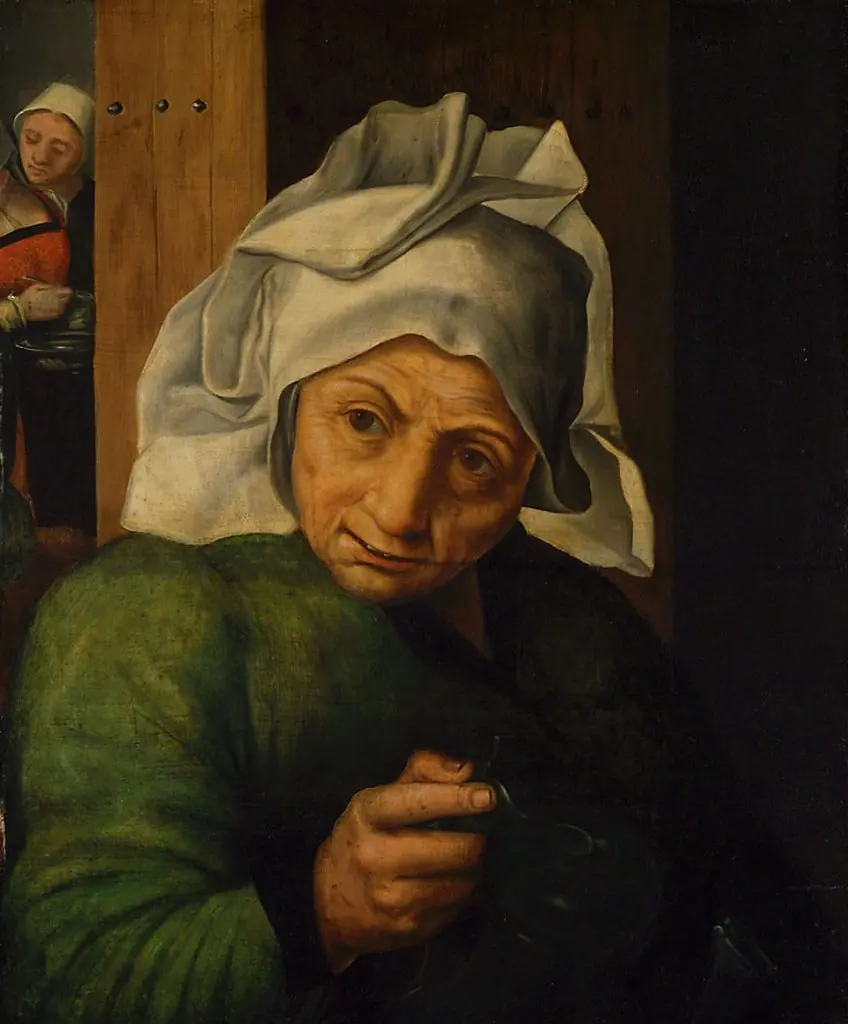 Old woman with a jug in her hand, by Unknown