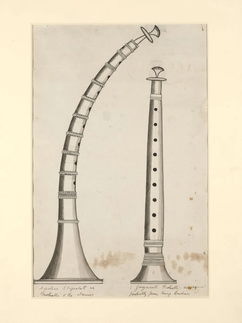 One of seven sheets of drawings depicting implements and musical instruments., by Unknown, 1836