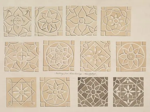 One of thirty drawings of details of architectural stone and mother-of pearl ornament taken from rubbings and moulds of monuments in Ahmedabad, the capital seat of the Ahmad, Shahi dynasty., by Unknown