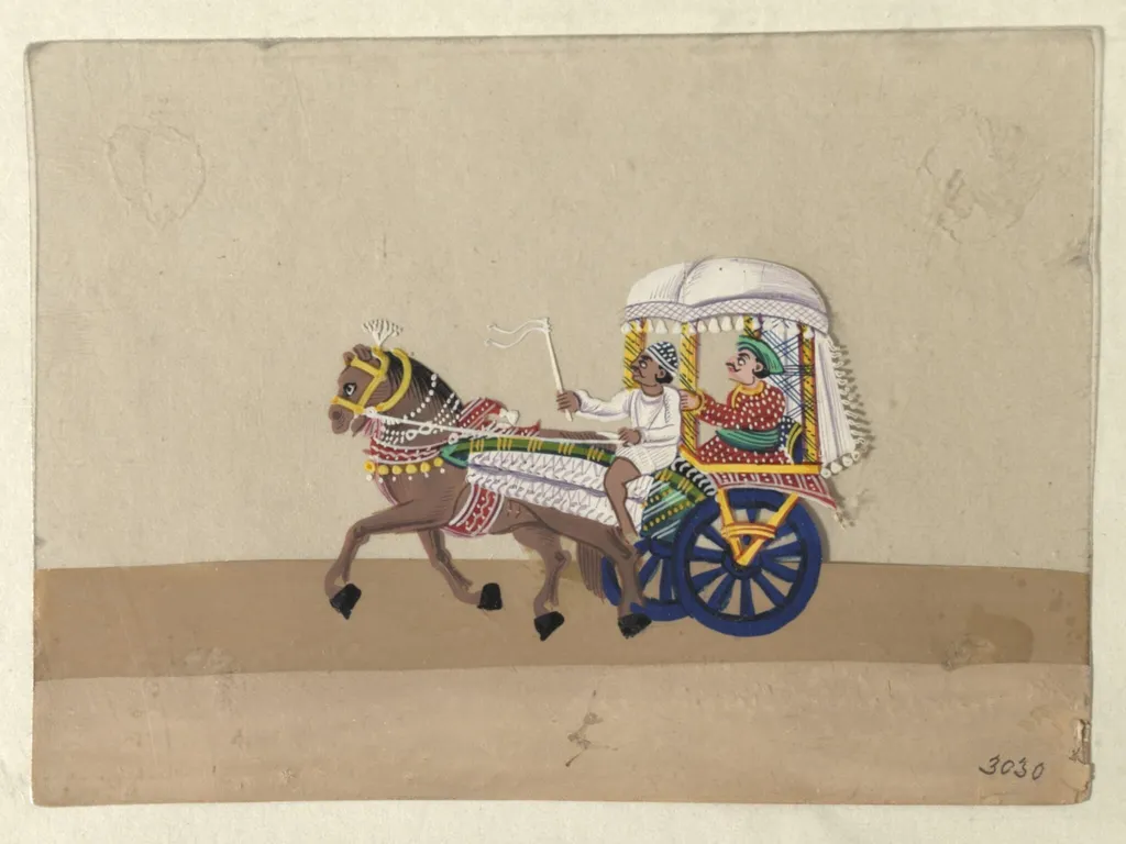 One of Twelve drawings depicting methods of transport, by Unknown, paint, 1870
